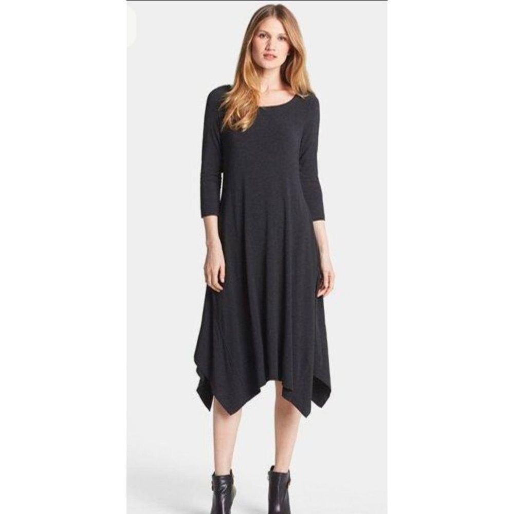 Eileen‎ Fisher Dress Womens Size XS Black Boat Neck Asymmetrical Midi 3/4 Sleeve